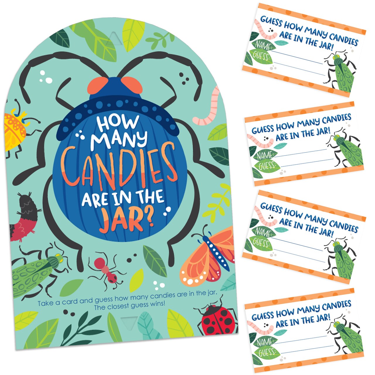 Big Dot of Happiness Buggin' Out - How Many Candies Bugs Birthday Party Game - 1 Stand and 40 Cards - Candy Guessing Game